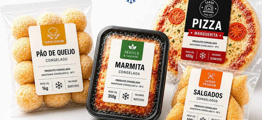 Etiquetas em embalagens de pão de queijo, marmita e pizza congeladas