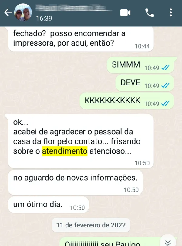 Print de conversa: cliente agradece o atendimento atencioso e pergunta se pode encomendar a impressora