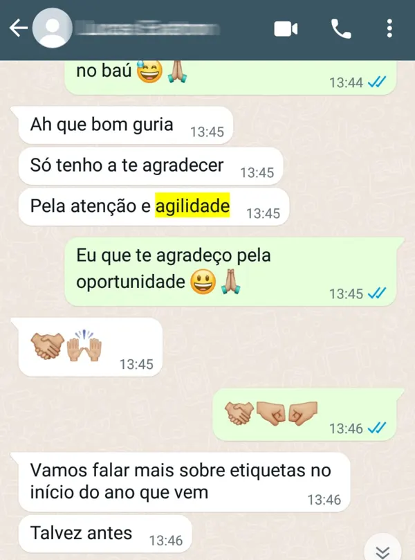 Print de conversa: cliente agradece a atenção e a agilidade